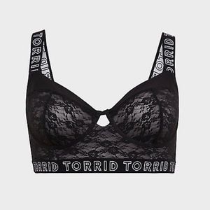 Black lace unlined longline underwire bralette.